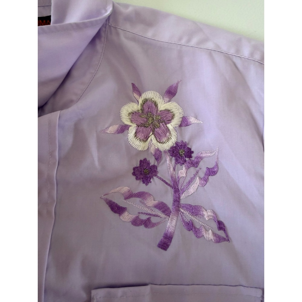 Vintage Karman Western Shirt Mens 15 32 Lavender Floral Embroidery Pearl Snap - Picture 3 of 6